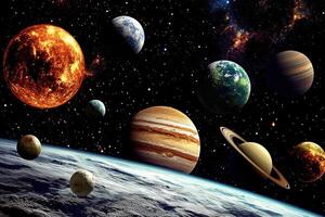 A view of the planets in our solar system with a glowing sun. photo