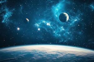 A view of Earth with two planets and nebula in the night sky. photo