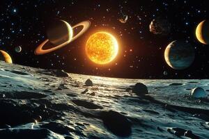 A view of the solar system from a moon's surface with planets, stars, and the sun. photo
