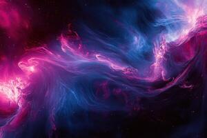 Abstract cosmic nebula with swirling pink and blue clouds of gas and dust on a dark background. photo