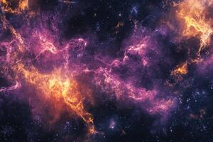 Abstract cosmic nebula with swirling purple and orange clouds of gas and dust. photo