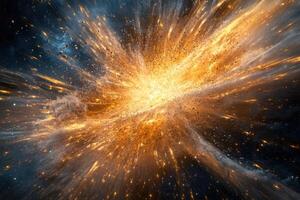 Abstract explosion with fiery sparks and glowing dust particles in dark space. photo