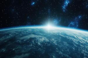 A sunrise over a blue planet with a bright light and a nebula in the background. photo