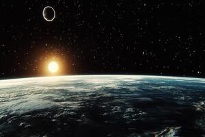 A sunrise over Earth from space with a crescent moon in the sky. photo