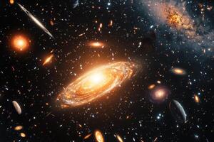 A swirling galaxy with other galaxies and stars scattered throughout space. photo