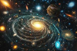 A swirling galaxy with stars, planets, and nebulae. photo