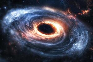 A swirling galaxy with a fiery black hole at its center. photo