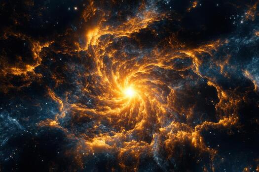 A swirling nebula of gas and dust with a bright center. photo