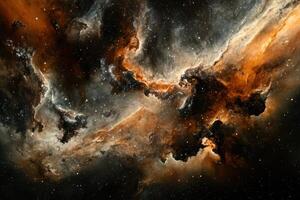 A swirling nebula of orange and black gas and dust against a black background of stars. photo