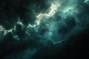 A swirling nebula of teal and white gas against a black background. photo