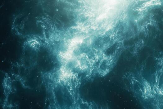 A swirling nebula of teal and white gas in space. photo