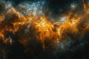 A vibrant nebula fills the vast, dark space with swirling clouds of gas and dust, creating a celestial spectacle. photo