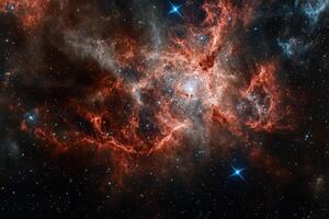 A vibrant nebula glows red and orange amidst a starry backdrop. photo