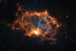 A vibrant nebula glows with orange and blue hues in a dark space, surrounded by a multitude of twinkling stars. photo