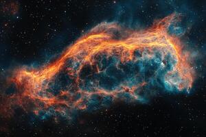 A vibrant nebula swirls with orange and blue hues against a backdrop of twinkling stars. photo