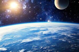 A view of Earth from space with the sun and moon in the distance. photo