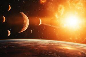 A vibrant sunrise over an alien planet with multiple moons and a distant star. photo