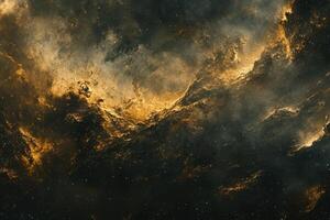 Abstract space nebula with swirling clouds of gas and dust in shades of gold and brown, with scattered stars. photo