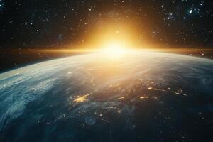Earthrise with a golden sunrise over the horizon, seen from space. photo