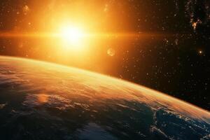 Earthrise over a fiery sun with lens flares. photo