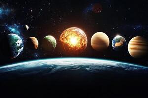 Planets in a solar system, with a bright star in the center. photo