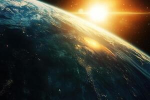 A stunning view of the Earth from space, with the sun rising over the horizon. photo