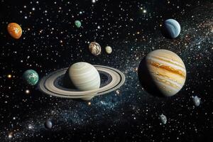 Planets in a starry night sky with a large planet in the center with rings. photo