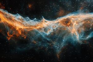 A swirling nebula in the cosmos with shades of orange, blue and white. photo