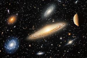 A stunning view of the universe with various galaxies and stars, planets, nebulae and celestial bodies. photo