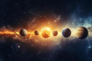 A stunning view of the solar system with planets, the sun, and a vast nebula in the background. photo