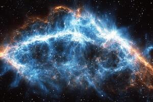 A swirling nebula of blue and orange gas in space. photo