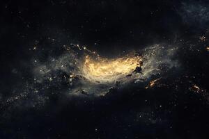 A swirling nebula of gas and dust, illuminated by a cluster of bright stars in the center. photo