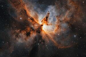 A swirling nebula of gas and dust in deep space. photo