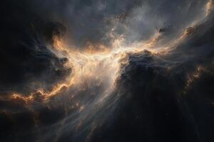 A swirling nebula of gas and dust in space, with a bright orange glow emanating from its center. photo