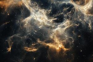A swirling nebula of gas and dust in space, with shades of gold and blue. photo