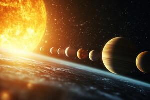A vibrant, detailed, and realistic depiction of the solar system with a large sun at the horizon and the planets aligned in order from the sun outward. photo