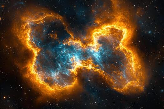 A vibrant nebula in space with a butterfly shape and glowing colors. photo