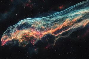 A vibrant nebula swirls through space, illuminated by stars. photo