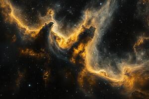 A vibrant nebula of swirling gas and dust glows with golden hues against a backdrop of twinkling stars in the vast expanse of space. photo