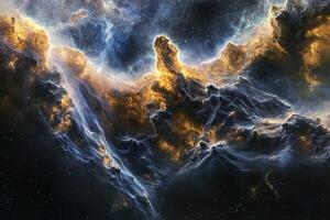 A vibrant nebula of golden and blue gas clouds with scattered stars in the background. photo