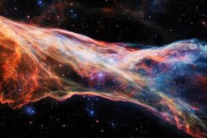 A vibrant nebula swirls with colors in the deep space. photo