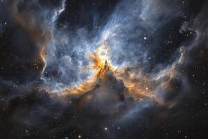 A vibrant nebula, swirling gas and dust, glows with orange and blue hues against a backdrop of twinkling stars. photo