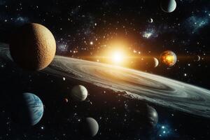 A vibrant solar system with a bright star and planets. photo