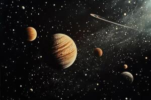 A vibrant solar system with a nebula and stars in the background. photo