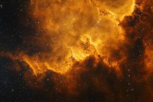 A vibrant, orange nebula fills the starry sky with swirling, smoky patterns. photo