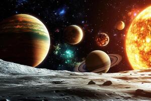 A vibrant solar system with planets and a large sun. photo