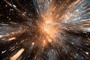 Abstract background with orange and white light streaks and dots on black. photo