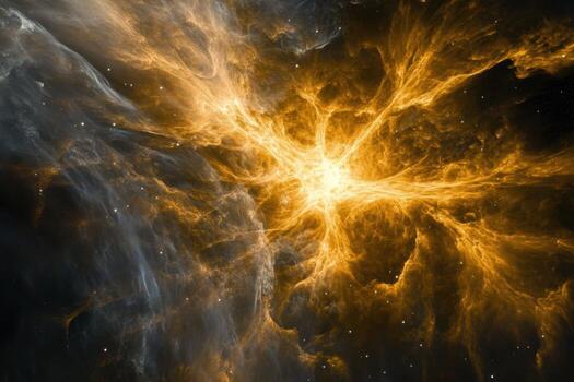 Abstract cosmic nebula with bright core and swirling gas. photo