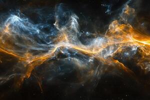 Abstract cosmic nebula with swirling clouds of gas and dust in shades of blue and orange. photo