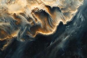 Abstract cosmic nebula with swirling clouds of gas and dust in shades of blue, gold and black. photo